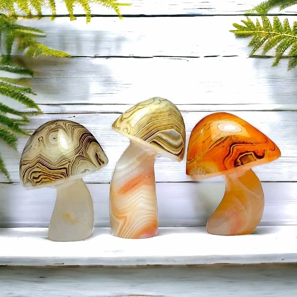 Agate SET Artisan Hand Carved Luminous Mushroom Crystal Trio UNIQUE